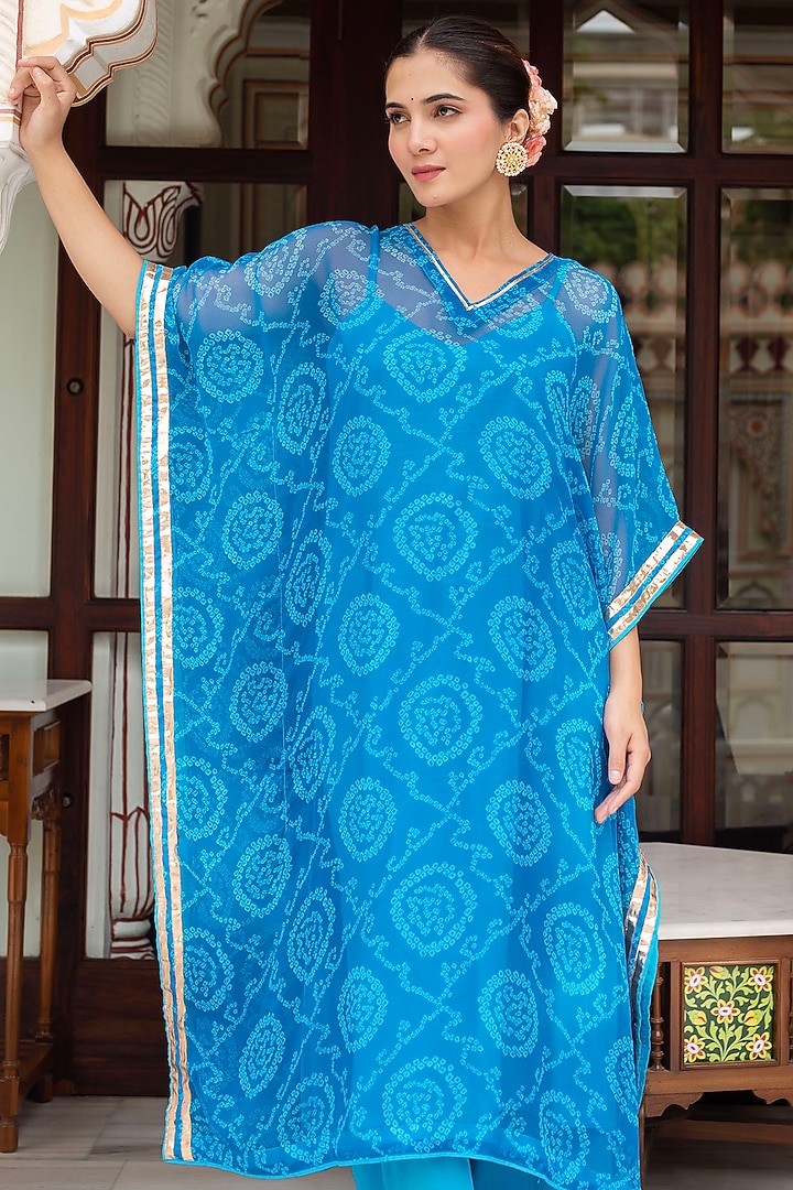 Blue Georgette Bandhej Printed Kaftan Set by Pomcha Jaipur at Pernia's Pop Up Shop