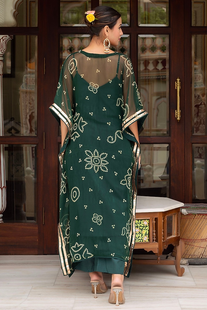 Dark Green Georgette Bandhej Printed Kaftan Set by Pomcha Jaipur at Pernia's Pop Up Shop