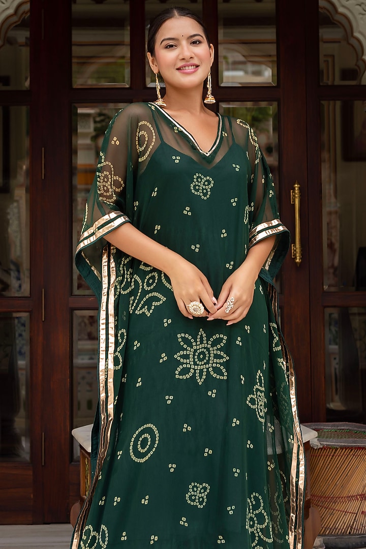 Dark Green Georgette Bandhej Printed Kaftan Set by Pomcha Jaipur at Pernia's Pop Up Shop