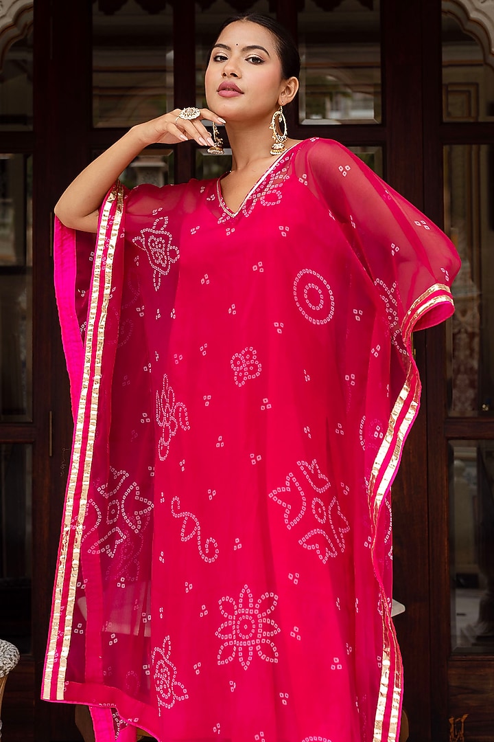 Pink Georgette Bandhej Printed Kaftan Set by Pomcha Jaipur at Pernia's Pop Up Shop