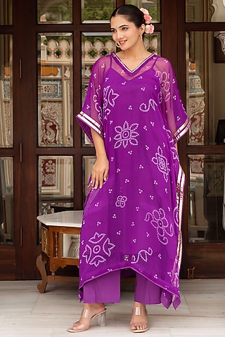 Purple Georgette Bandhej Printed Kaftan Set by Pomcha Jaipur