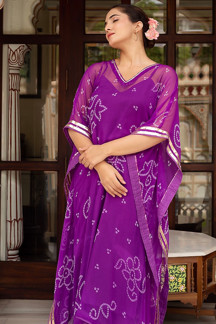 Purple Georgette Bandhej Printed Kaftan Set by Pomcha Jaipur at Pernia's Pop Up Shop