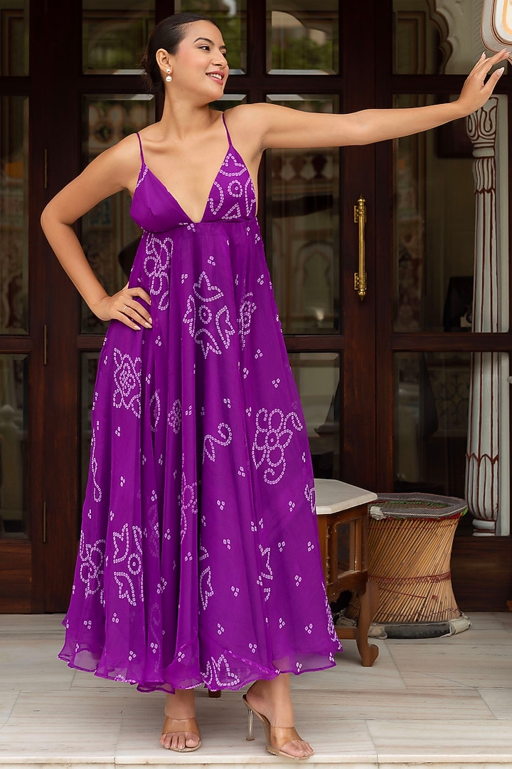 Purple Georgette Bandhej Printed Summer Dress by Pomcha Jaipur at Pernia's Pop Up Shop