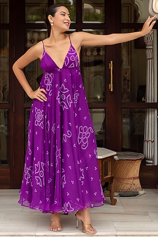 Purple Georgette Bandhej Printed Dress by Pomcha Jaipur
