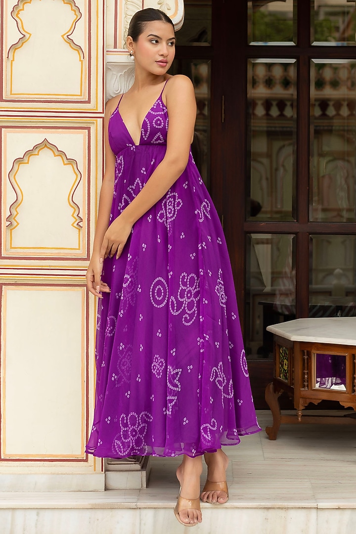 Purple Georgette Bandhej Printed Summer Dress by Pomcha Jaipur at Pernia's Pop Up Shop