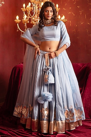 Powder Blue Organza Gota Patti Hand Work Lehenga Set by Pomcha Jaipur