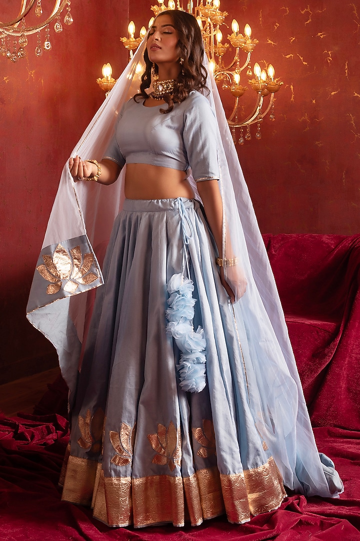 Powder Blue Organza Gota Patti Hand Work Wedding Lehenga Set by Pomcha Jaipur at Pernia's Pop Up Shop