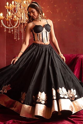 Black Organza Gota Patti Hand Work Lehenga Set by Pomcha Jaipur