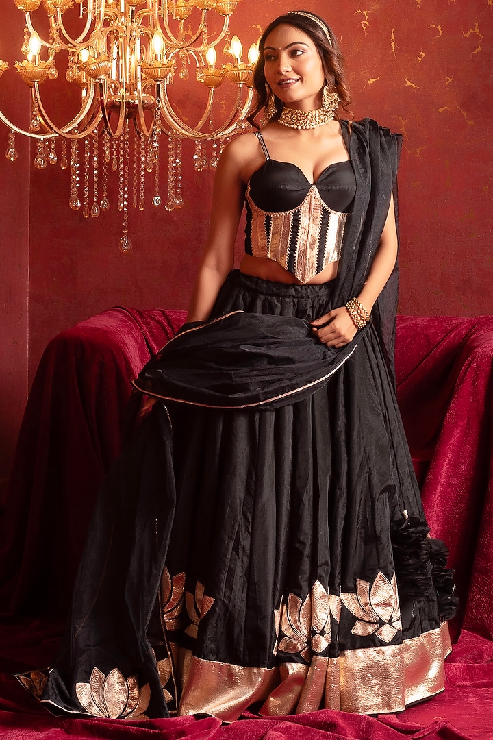 Black Organza Gota Patti Hand Work Wedding Lehenga Set by Pomcha Jaipur at Pernia's Pop Up Shop