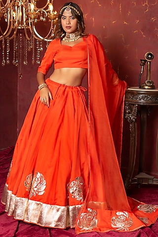 Orange Organza Gota Patti Hand Work Lehenga Set by Pomcha Jaipur