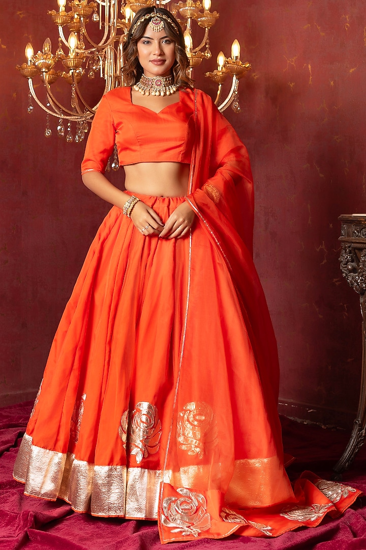 Orange Organza Gota Patti Hand Work Wedding Lehenga Set by Pomcha Jaipur at Pernia's Pop Up Shop