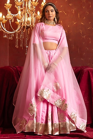 Pink Organza Gota Patti Hand Work Lehenga Set by Pomcha Jaipur