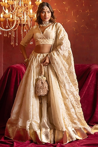 Ivory Cosmo Silk Gota Patti Work Lehenga Set by Pomcha Jaipur