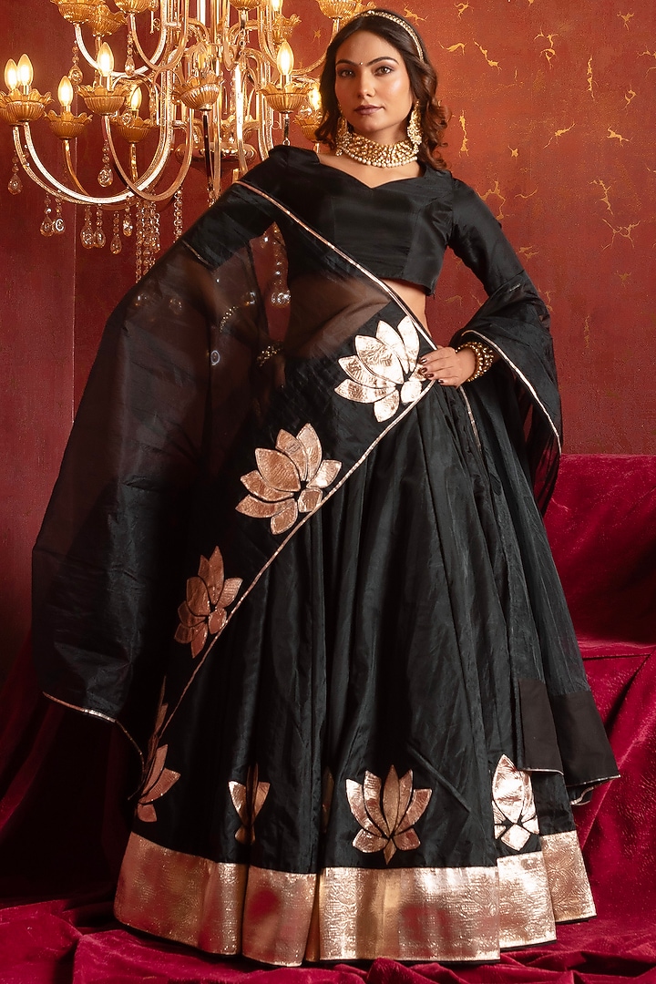 Black Organza Gota Patti Hand Work Wedding Lehenga Set by Pomcha Jaipur at Pernia's Pop Up Shop
