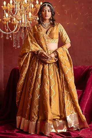 Brown Cosmo Silk Gota Patti Work Lehenga Set by Pomcha Jaipur