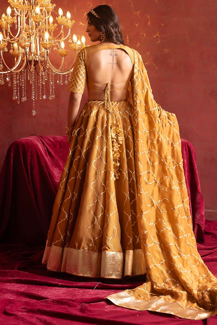 Brown Cosmo Silk Gota Patti Work Wedding Lehenga Set by Pomcha Jaipur at Pernia's Pop Up Shop