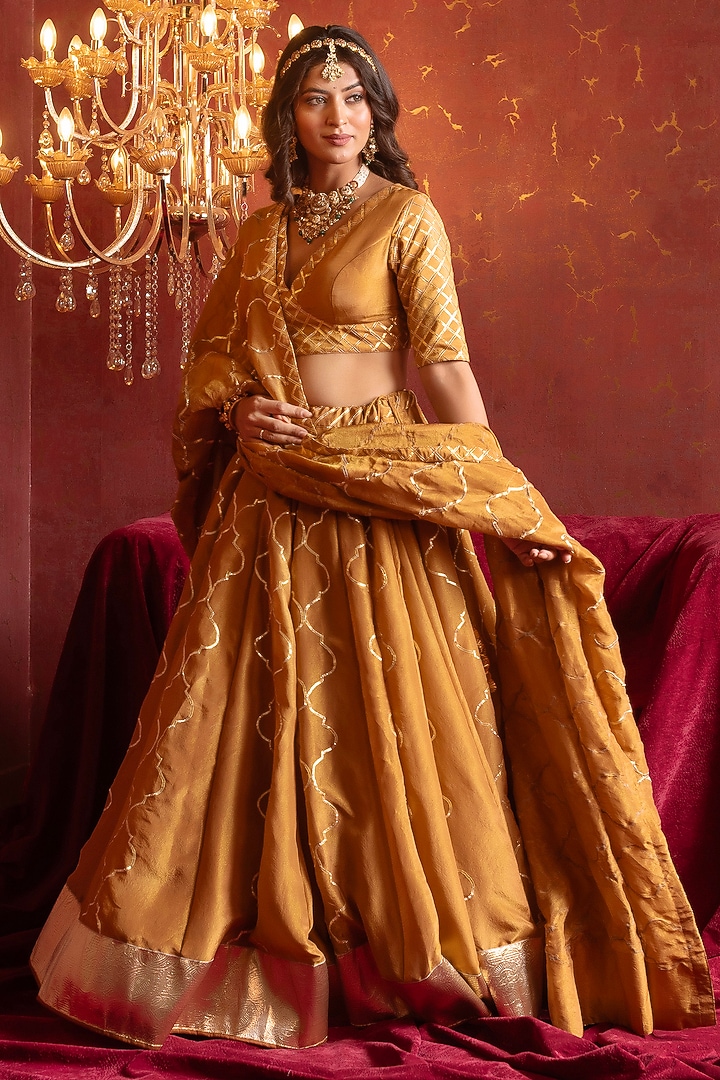 Brown Cosmo Silk Gota Patti Work Wedding Lehenga Set by Pomcha Jaipur at Pernia's Pop Up Shop