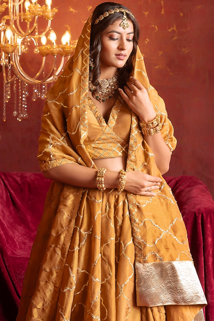 Brown Cosmo Silk Gota Patti Work Wedding Lehenga Set by Pomcha Jaipur at Pernia's Pop Up Shop