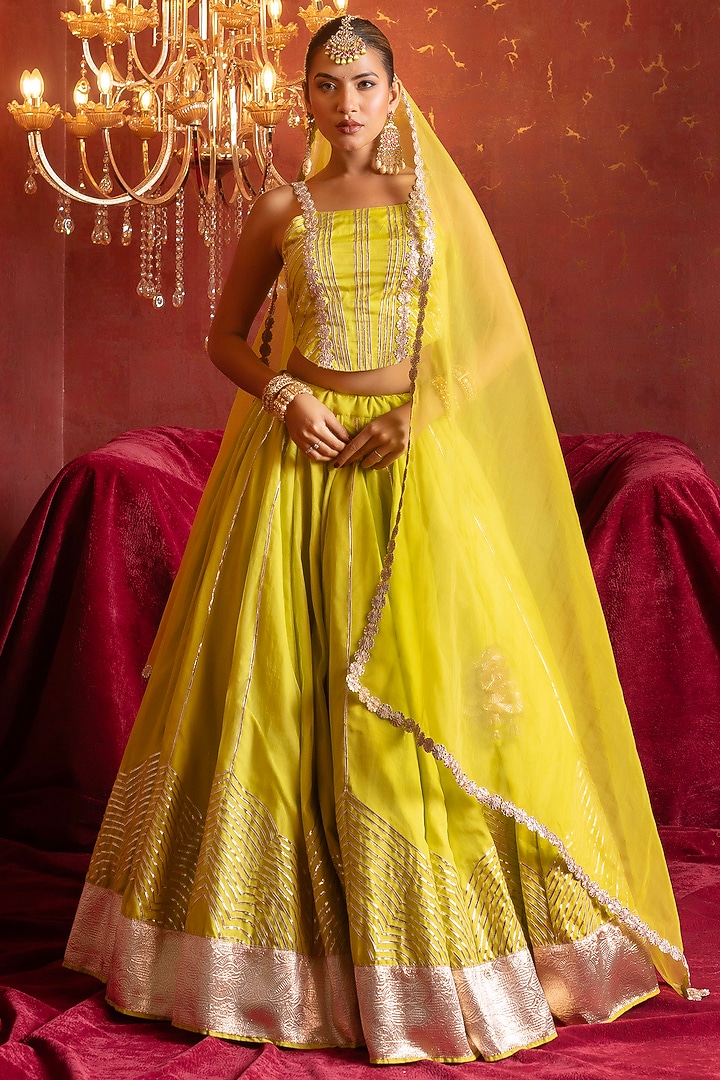 Lime Organza Gota Patti Work Wedding Lehenga Set by Pomcha Jaipur at Pernia's Pop Up Shop