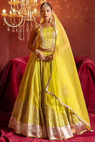 Lime Organza Gota Patti Work Lehenga Set by Pomcha Jaipur