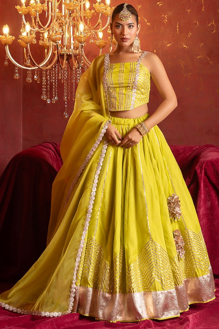 Lime Organza Gota Patti Work Wedding Lehenga Set by Pomcha Jaipur at Pernia's Pop Up Shop
