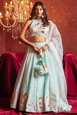Mint Organza Gota Patti Hand Work Lehenga Set by Pomcha Jaipur