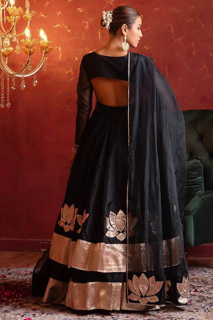 Black Organza Gota Patti Hand Work Kalidar Wedding Anarkali Set by Pomcha Jaipur at Pernia's Pop Up Shop