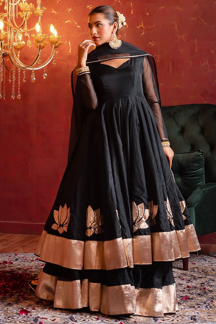 Black Organza Gota Patti Hand Work Kalidar Wedding Anarkali Set by Pomcha Jaipur at Pernia's Pop Up Shop