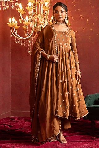 Brown Organza Zardosi & Dabka Hand Work Anarkali Set by Pomcha Jaipur