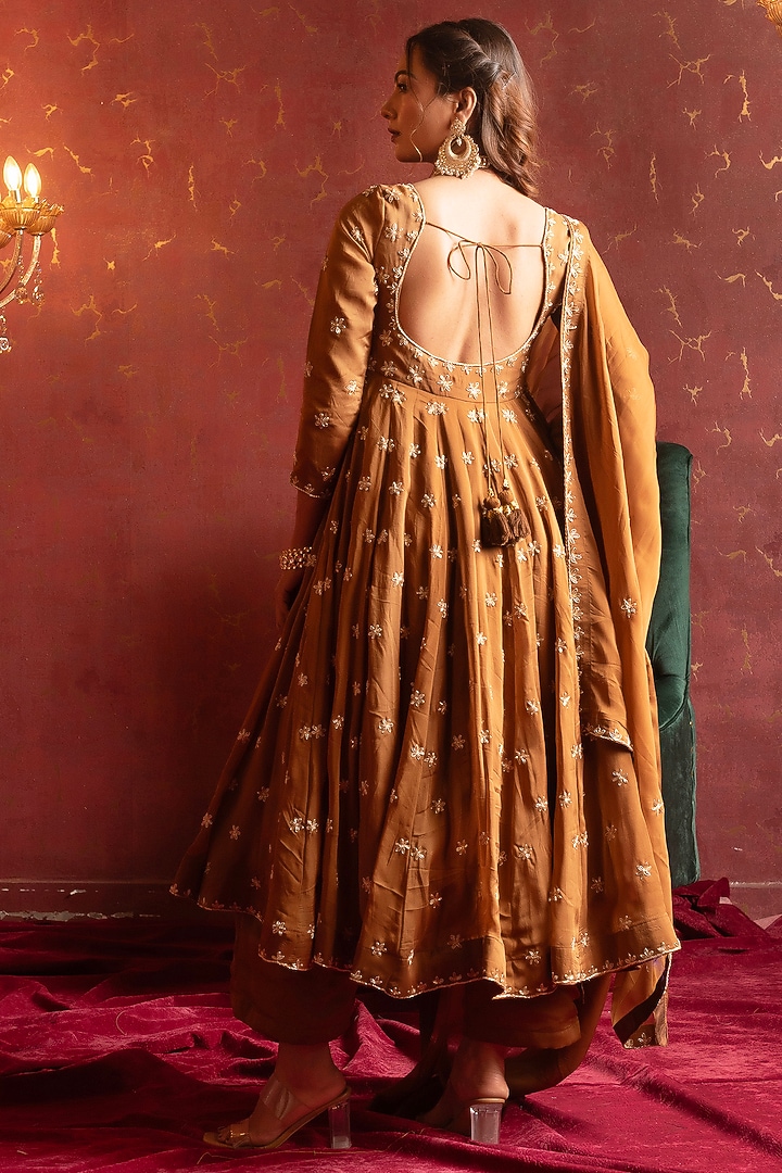 Brown Organza Zardosi & Dabka Hand Work Party Wear Anarkali Set by Pomcha Jaipur at Pernia's Pop Up Shop