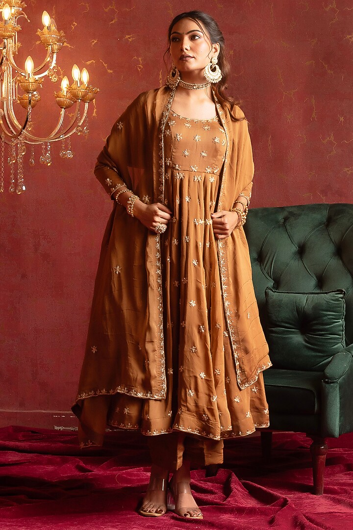 Brown Organza Zardosi & Dabka Hand Work Party Wear Anarkali Set by Pomcha Jaipur at Pernia's Pop Up Shop