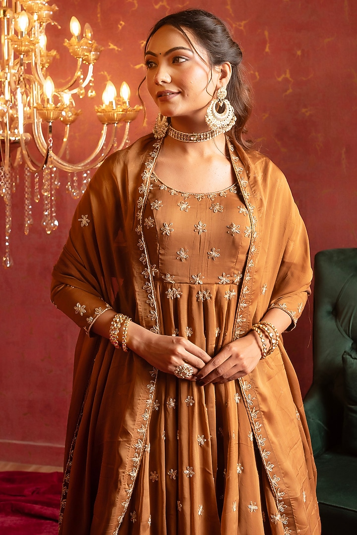 Brown Organza Zardosi & Dabka Hand Work Party Wear Anarkali Set by Pomcha Jaipur at Pernia's Pop Up Shop