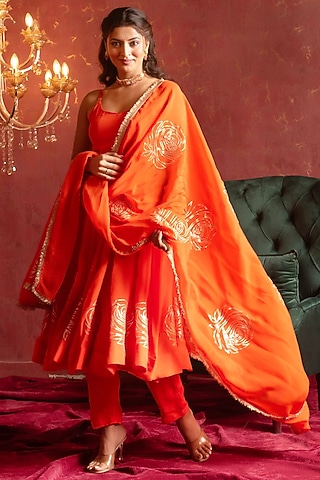 Orange Organza Gota Patti Work Anarkali Set by Pomcha Jaipur
