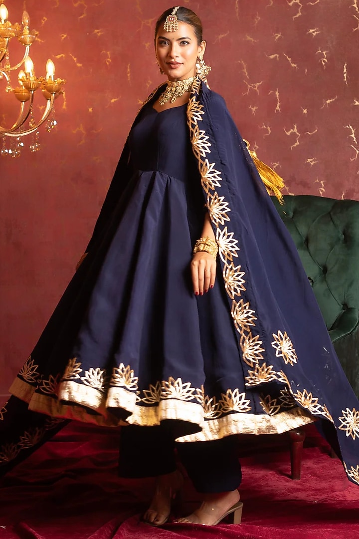 Royal Blue Organza Gota Patti Work Party Wear Anarkali Set by Pomcha Jaipur at Pernia's Pop Up Shop