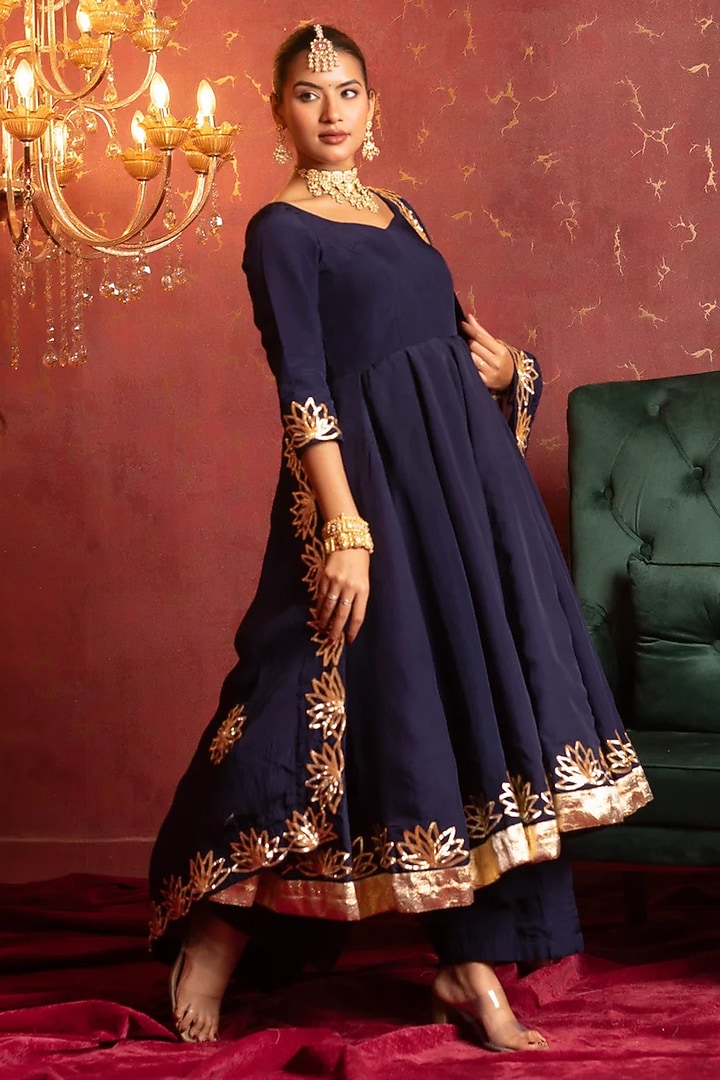 Royal Blue Organza Gota Patti Work Party Wear Anarkali Set by Pomcha Jaipur at Pernia's Pop Up Shop