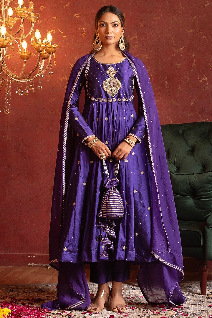 Purple Taffeta Zardosi & Dabka Work Party Wear Anarkali Set by Pomcha Jaipur at Pernia's Pop Up Shop