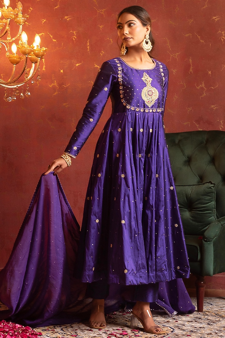 Purple Taffeta Zardosi & Dabka Work Party Wear Anarkali Set by Pomcha Jaipur at Pernia's Pop Up Shop