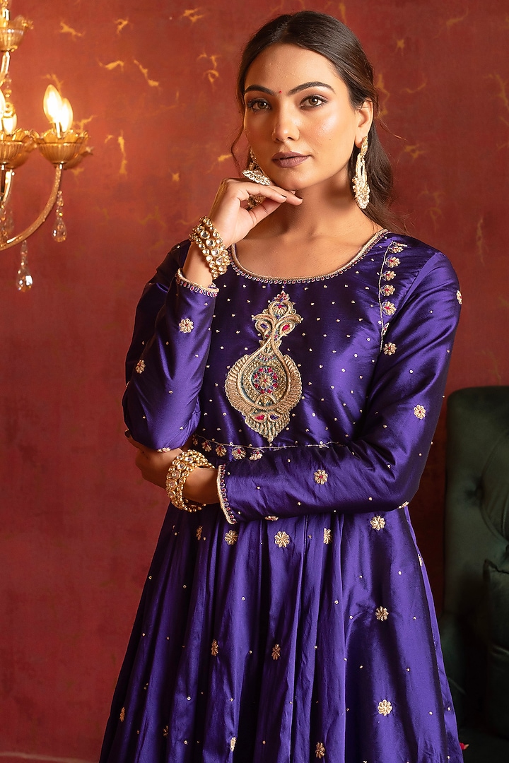 Purple Taffeta Zardosi & Dabka Work Party Wear Anarkali Set by Pomcha Jaipur at Pernia's Pop Up Shop
