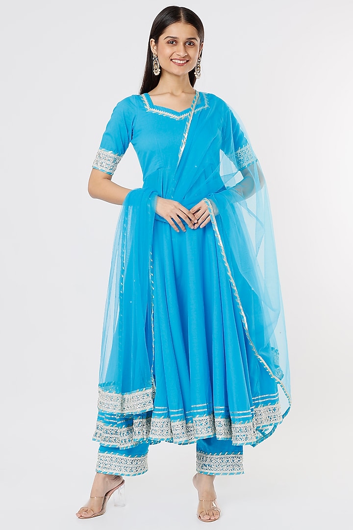 Sky Blue Cotton Anarkali Set by Pomcha Jaipur