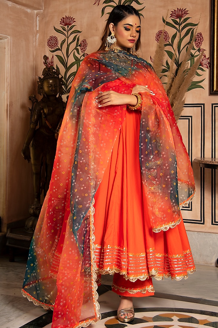 Orange Cotton Anarkali Set by Pomcha Jaipur