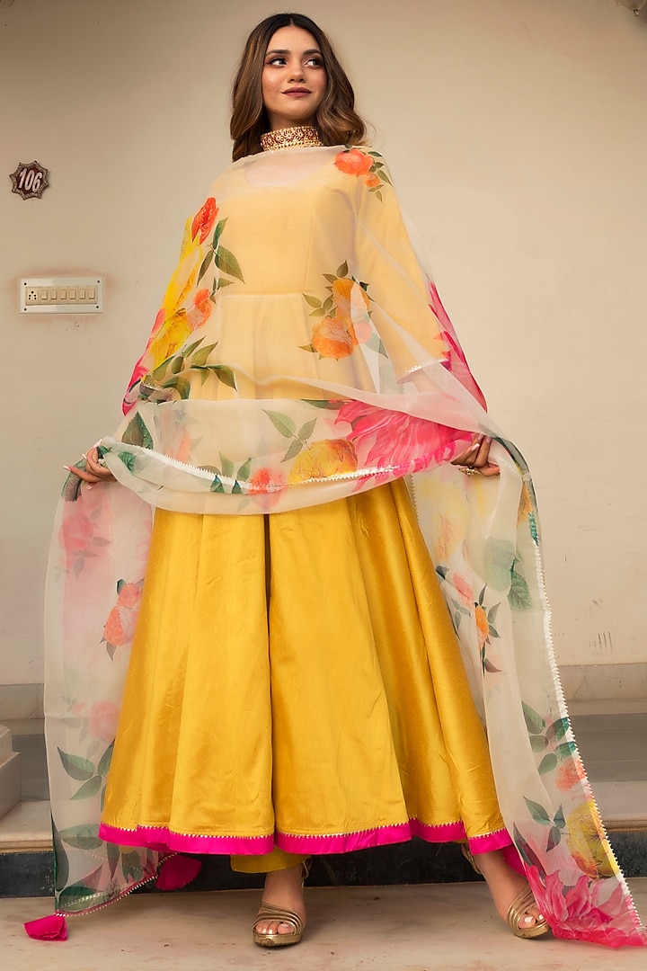 Yellow Cotton Silk Anarksali Set by Pomcha Jaipur