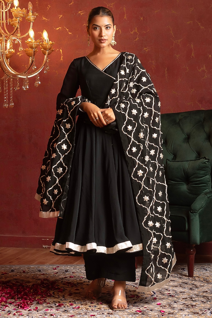 Black Organza Gota Patti Work Angrakha Set by Pomcha Jaipur at Pernia's Pop Up Shop