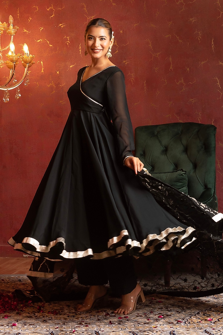 Black Organza Gota Patti Work Angrakha Set by Pomcha Jaipur at Pernia's Pop Up Shop