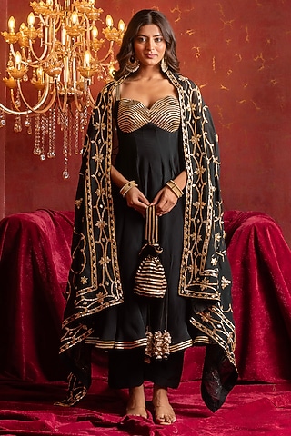 Black Organza Gota Patti Work Angrakha Set by Pomcha Jaipur