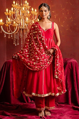 Red Organza Gota Patti Work Anarkali Set by Pomcha Jaipur