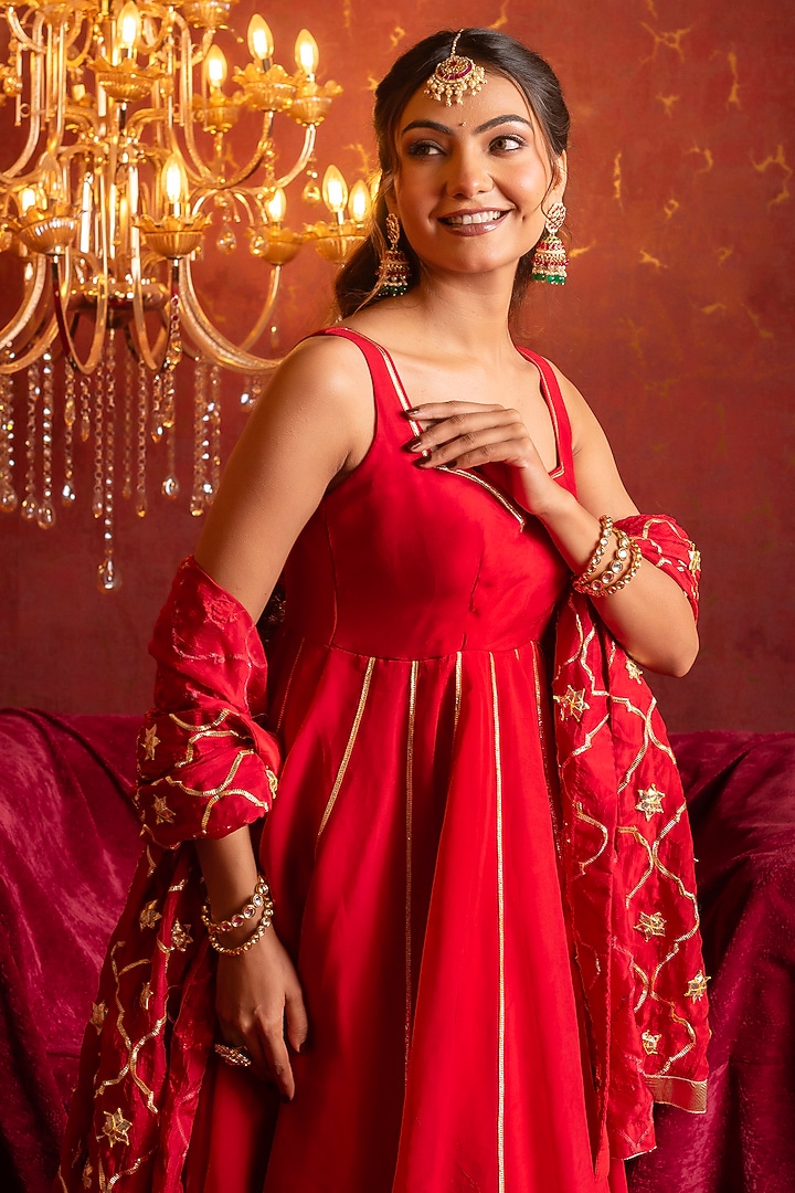 Red Organza Gota Patti Work Party Wear Anarkali Set by Pomcha Jaipur at Pernia's Pop Up Shop