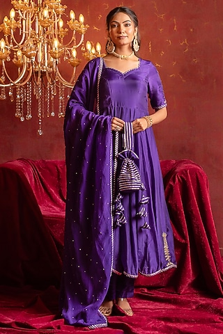 Jamuni Purple Silk Gota Patti Work Anarkali Set by Pomcha Jaipur