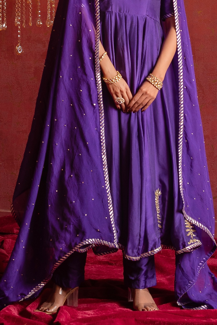 Jamuni Purple Silk Gota Patti Work Wedding Anarkali Set by Pomcha Jaipur at Pernia's Pop Up Shop