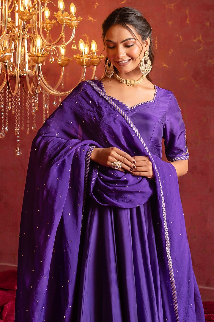 Jamuni Purple Silk Gota Patti Work Wedding Anarkali Set by Pomcha Jaipur at Pernia's Pop Up Shop