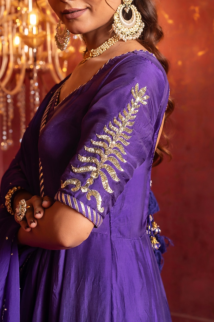 Jamuni Purple Silk Gota Patti Work Wedding Anarkali Set by Pomcha Jaipur at Pernia's Pop Up Shop